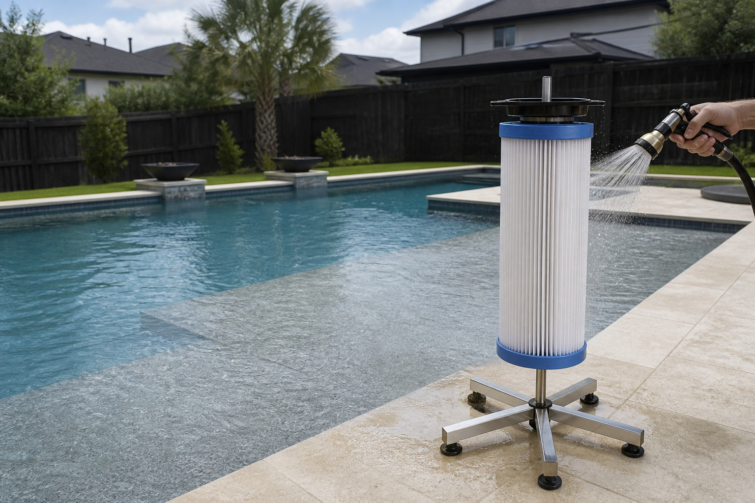 FilterSpinClean pool filter cleaning stand operating vertically beside a blue-gray backyard pool