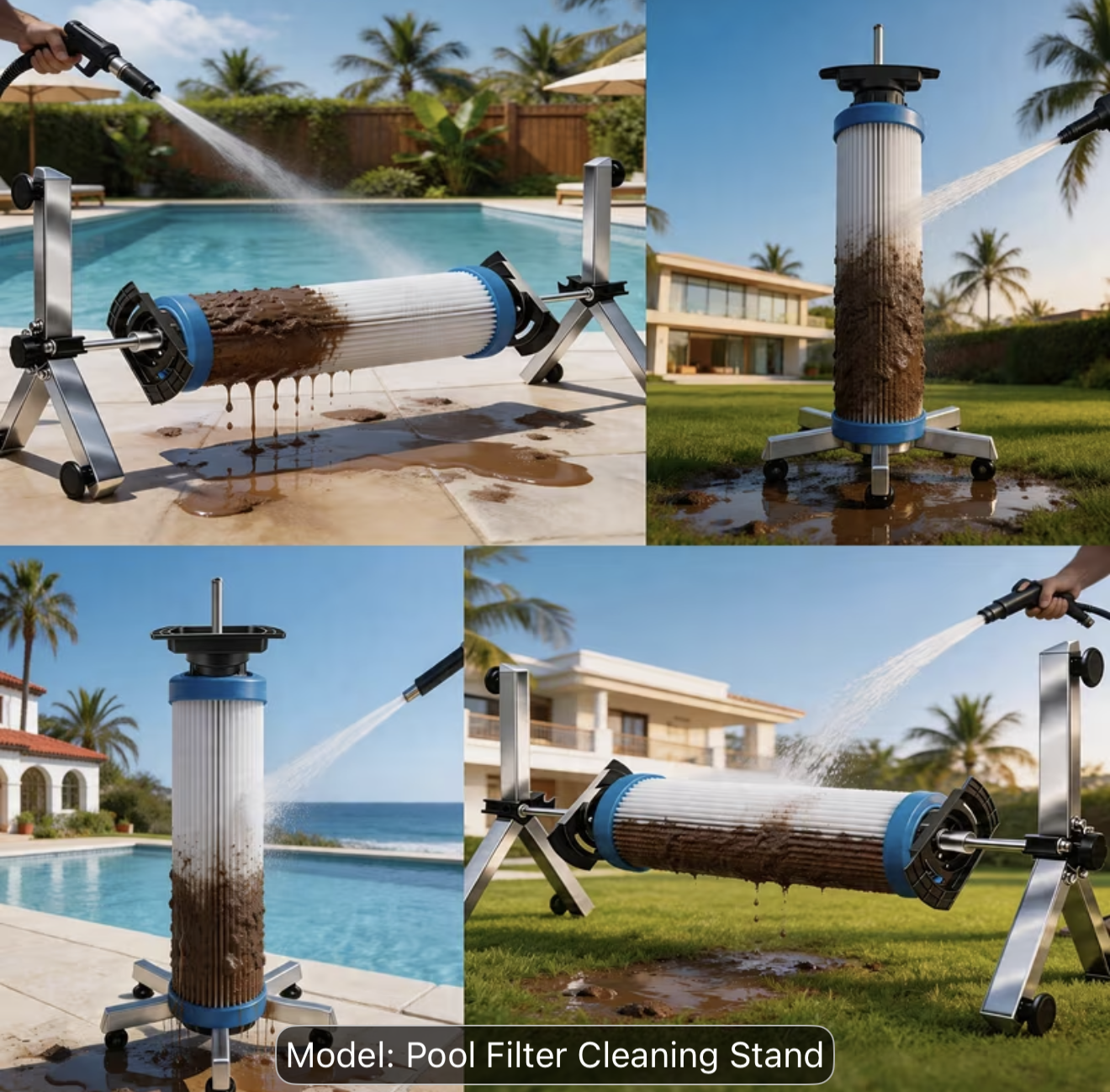 Pool filter cartridges being cleaned in both stand configurations